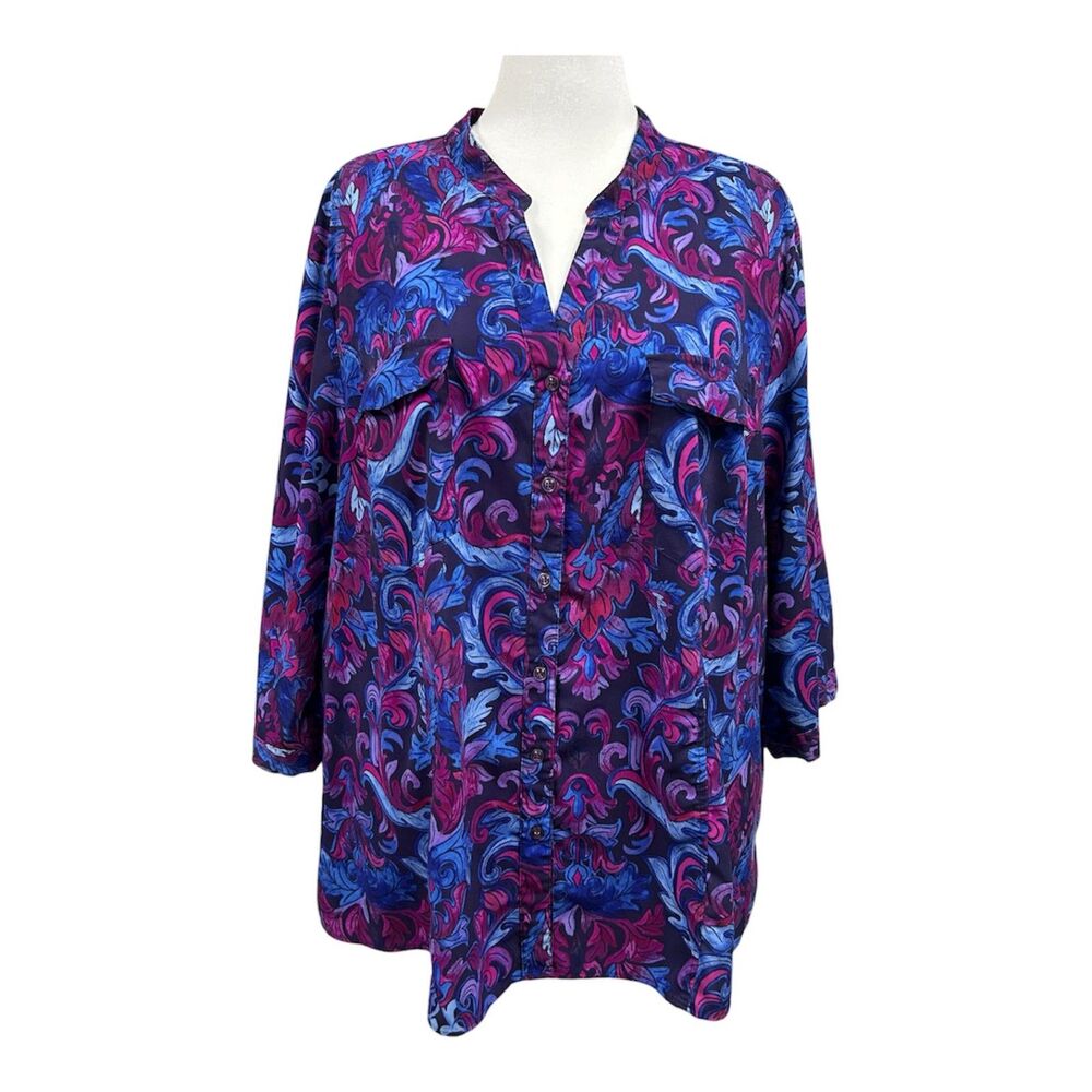 Catherines Button Up V Neck 3/4 Sleeve Whimsy Blouse Sz 3X